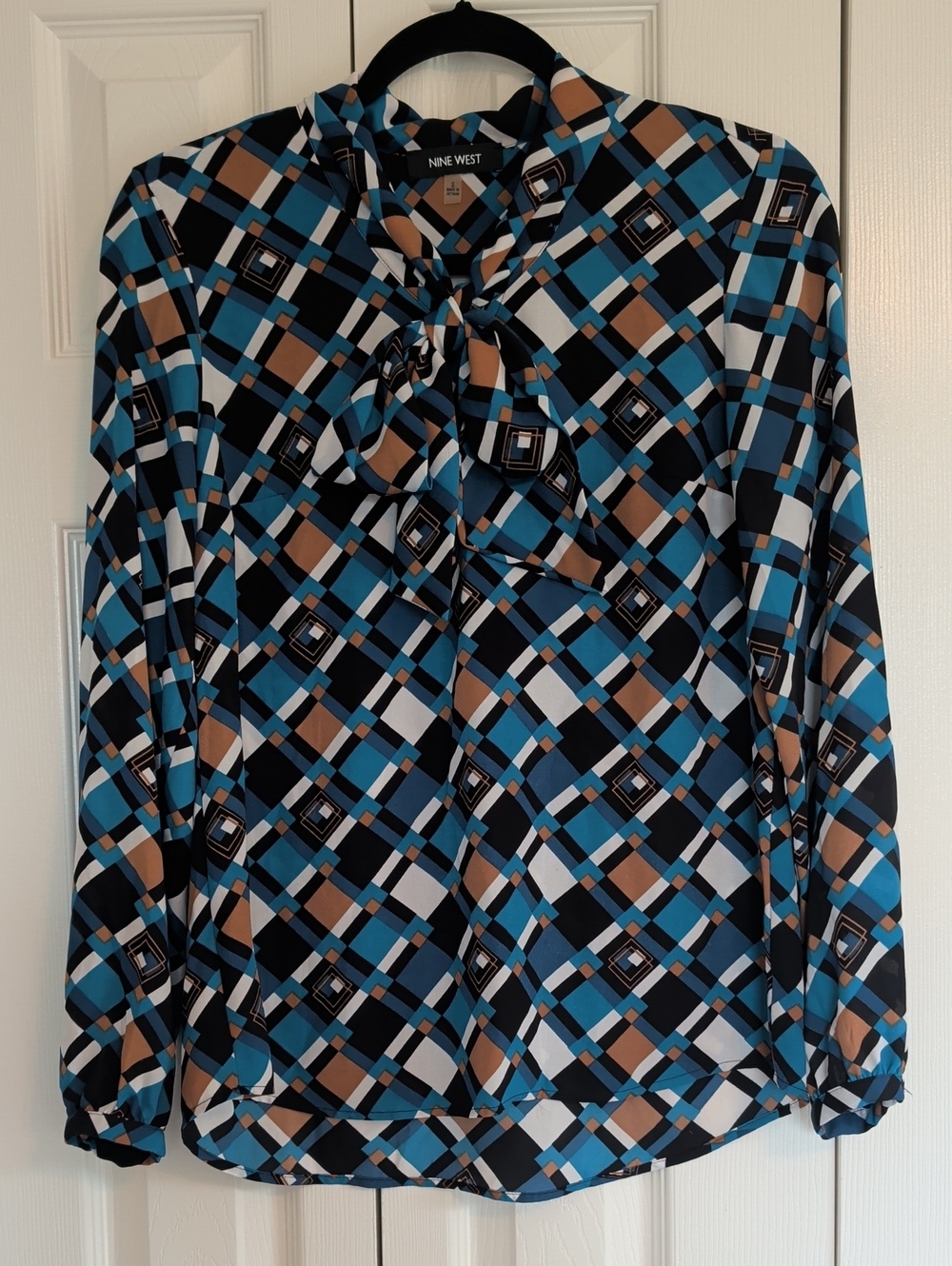 Nine West Blue & Tan Geometric Tie-Neck Pullover Career Blouse - Size Small